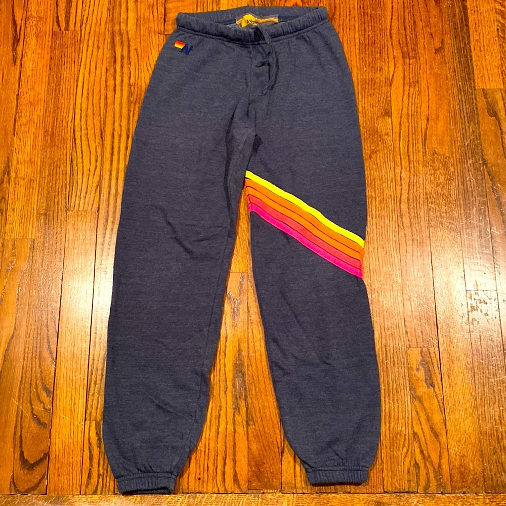 Aviator Nation joggers navy/gray with fluorescent rainbow stripes women’s size S